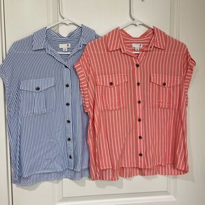 (2) Ladies vertical stripe button down shirt size SM